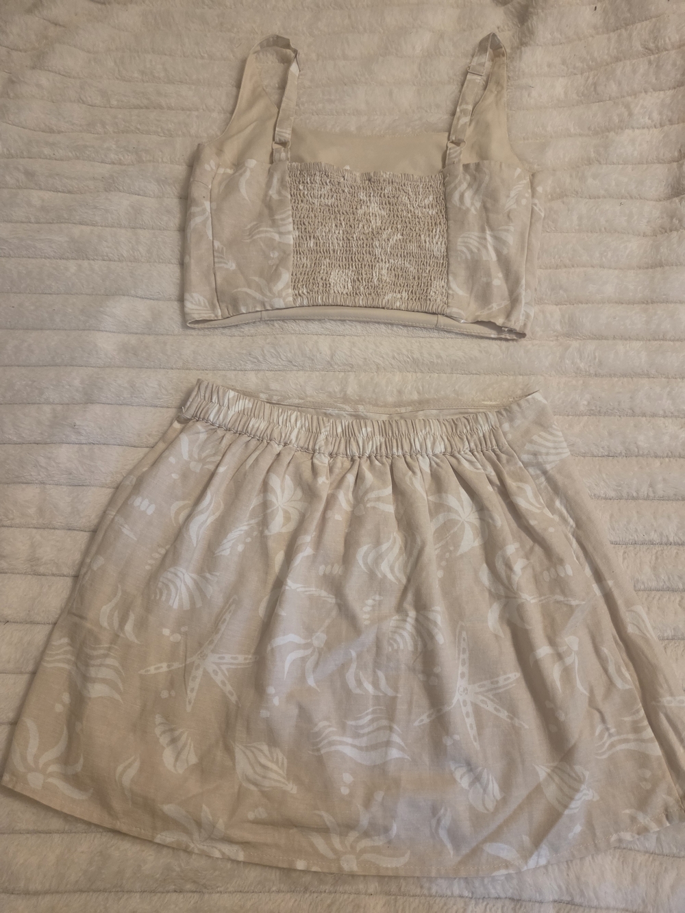 Midnight Sky Beige Shell Print Two Piece Set Crop Top Faux Wrap Skirt M - Picture 4 of 5